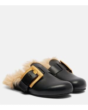 Balmain Slippers Anthem Aus Leder Und Faux Fur - Schwarz
