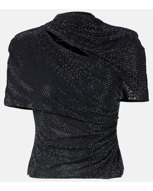 Self-Portrait Draped Embellished Mesh Top - Black