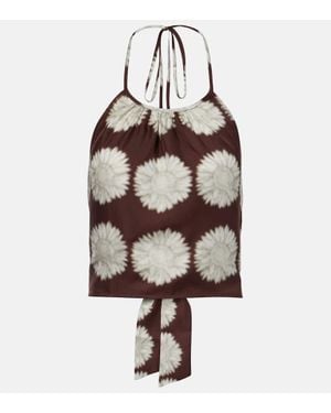 Asceno Bello Printed Halterneck Silk Top - Brown