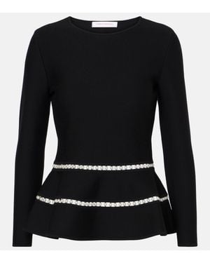 Carolina Herrera Knitted Faux Pearl-Embellished Wool-Blend Top - Black