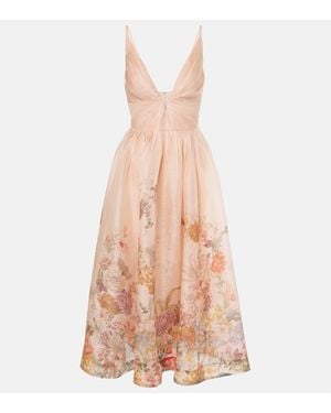 Zimmermann Linen Silk Floral Midi Dress - Pink