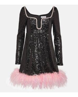 Self-Portrait Feather-Trimmed Sequined Minidress - Black