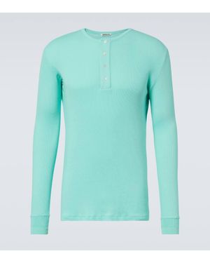 AURALEE Ribbed-Knit Cotton Henley Shirt - Blue