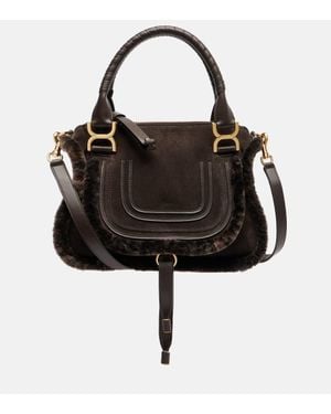 Chloé Tote Bag Marcie Small Aus Veloursleder Mit Shearling - Schwarz