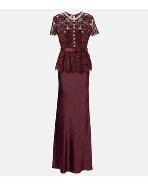 Self-Portrait Belted Lace And Satin Maxi Dress - Purple