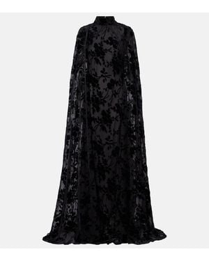 Rodarte Caped Floral Velvet Devore Gown - Black