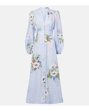 Zimmermann Everley Floral-Print Linen Midi Dress - Blue