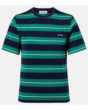 Miu Miu Logo Striped Cotton Jersey T-Shirt - Green