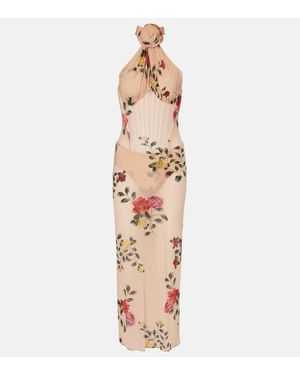 Magda Butrym Floral Halterneck Ruched Bustier Dress - Natural