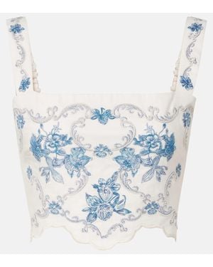 Agua Bendita Luciana Gloriosa Embroidered Linen Crop Top - Blue