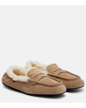 Miu Miu Shearling-Lined Suede Penny Loafers - Brown