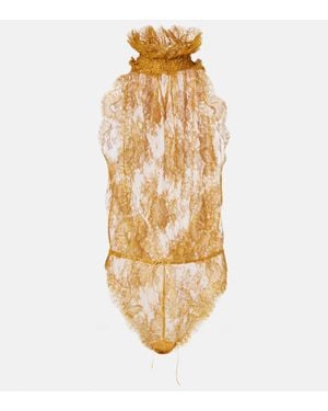 Saint Laurent Silk-Trimmed Lace Bodysuit - Metallic