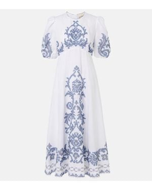 ALÉMAIS Hazel Embroidered Linen Midi Dress - Blue