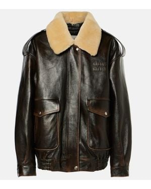 Miu Miu Logo Faux Shearling-Trimmed Leather Jacket - Black