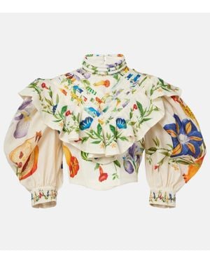 ALÉMAIS Flores Ruffled Floral Ramie Blouse - Metallic