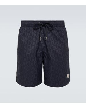 Moncler Kordelzug-Badeshorts Mit Monogramm-Print - Blau