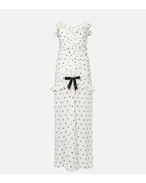 Alessandra Rich Ruched Polka-Dot Silk Maxi Dress - White