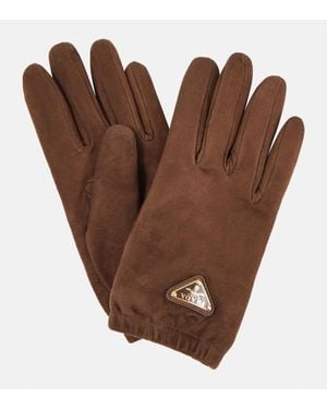 Prada Logo Suede Gloves - Brown