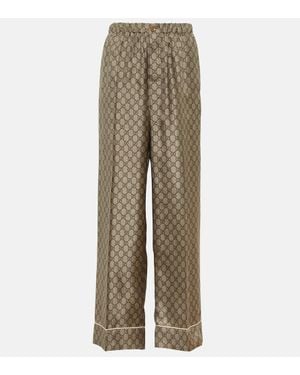 Gucci Gg Supreme Printed Silk Twill Wide Pants - Natural