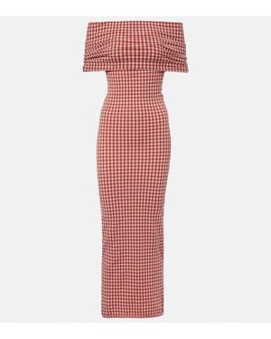 Alaïa Vestido Midi A Cuadros Con Hombros Descubiertos - Rojo