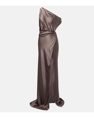 The Sei Draped One-Shoulder Silk Satin Gown - Brown