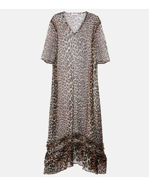 Ganni Leopard-Print Sheer Chiffon Midi Dress - Grey