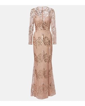 Elie Saab Robe Longue Brodee En Tulle A Sequins - Neutre