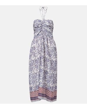 Velvet Floral Ruched Cotton Midi Dress - Purple