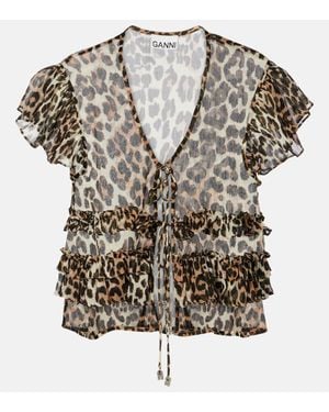 Ganni Leopard-Print Ruffled Chiffon Blouse - Grey