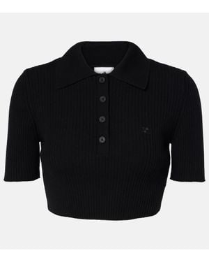 Courreges Ribbed-Knit Cropped Polo Shirt - Black