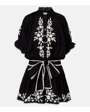 Juliet Dunn Belted Cotton And Linen Minidress - Black
