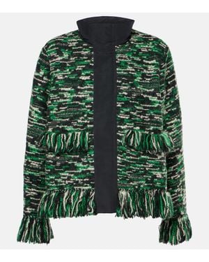 Sacai Fringed Wool-Blend Tweed Jacket - Green