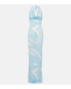 Emilio Pucci Marmo Halterneck Satin Jersey Maxi Dress - Blue