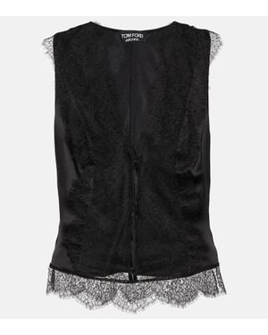 Tom Ford Lace-Trimmed Silk-Blend Satin Top - Black