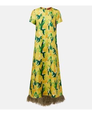La DoubleJ Swing Feather-Trimmed Silk Maxi Dress - Green
