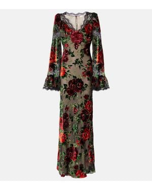 Rodarte Floral Lace-Trimmed Velvet Devore Gown - Multicolor
