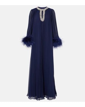 Self-Portrait Tiered Pleated Feather-trimmed Maxi Dress - Blue