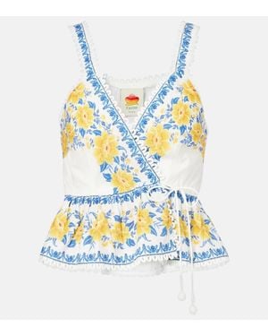 FARM Rio Zuli Floral Lace-Trimmed Cotton Top - Blue