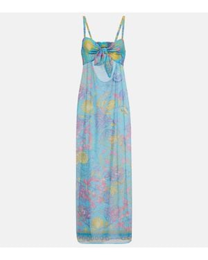 Versace Printed Cutout Semi-Sheer Maxi Dress - Blue