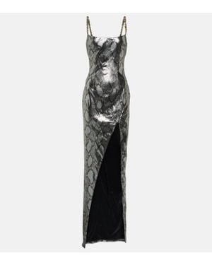 Balmain Chain-Detail Snake-Print Gown - White