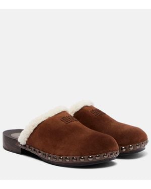 Miu Miu Shearling-Lined Suede Clogs - Brown