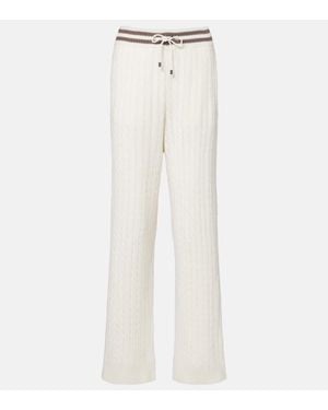 Brunello Cucinelli Cable-Knit Cashmere Wide-Leg Trousers - White