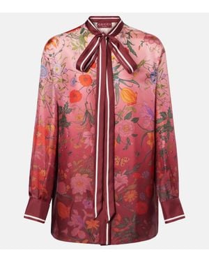 Gucci Bluse Aus Seide Mit Halsschleife Und Print, Grösse - Rot