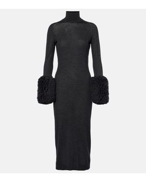 Alaïa Faux Shearling-Trimmed Wool Dress - Black