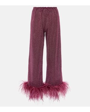 Oséree Lumiere Plumage Feather-Trimmed Lame Trousers - Red