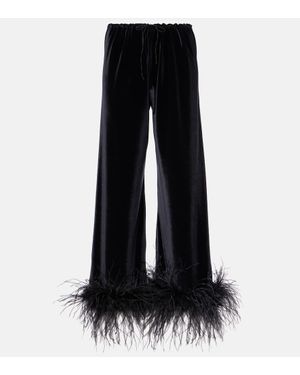 Oséree Feather-Trimmed Velvet Wide-Leg Trousers - Black