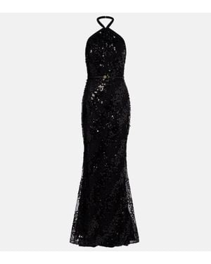 Elie Saab Sequined Halterneck Silk-Blend Gown - Black