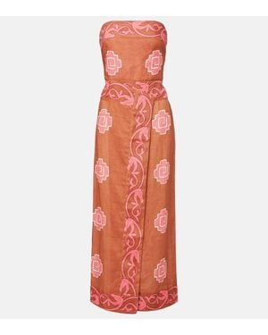 Johanna Ortiz Besticktes Midikleid Aus Leinen - Orange