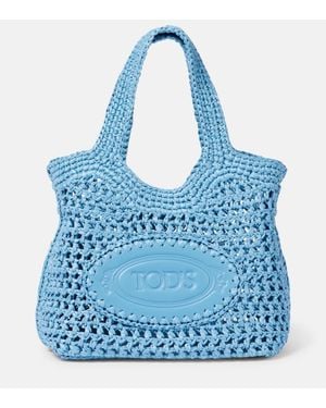 Tod's Leather-Trimmed Raffia Basket Bag - Blue