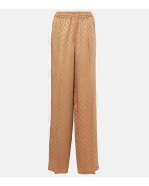 Gucci Monogram-Print Wide-Leg Mid-Rise Satin Pants - Natural